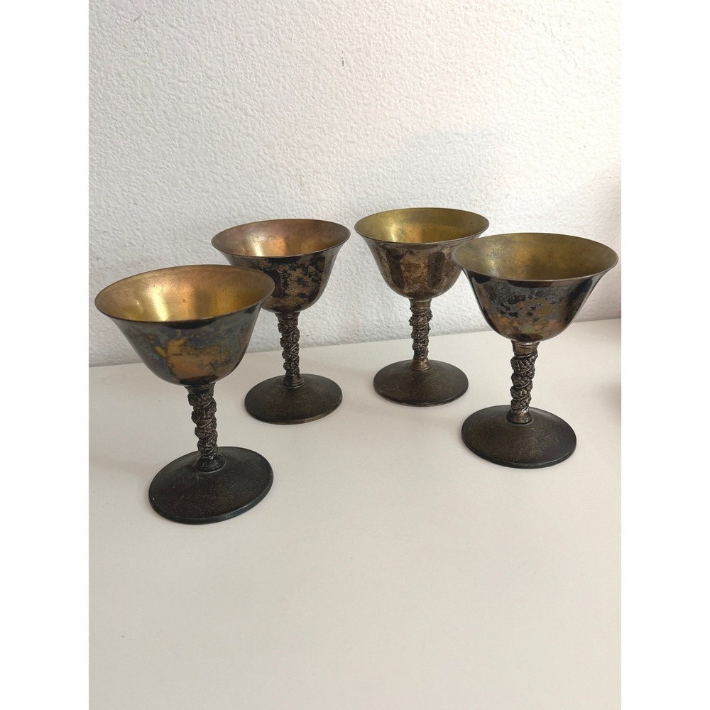 Vintage Valero EPB Spain Silver Plated Brass Goblets Set of 4 Twisted Stem